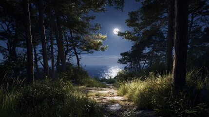 Obraz premium Moonlit path through trees leads to the ocean, reflecting light on the water