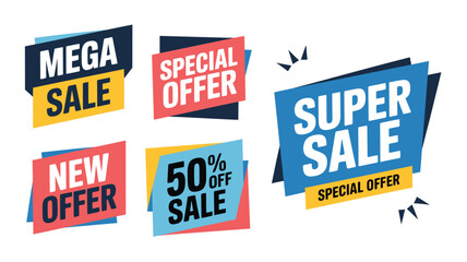 Colorful Sale Promotion Badges Featuring Mega Sale, Special Offer, New Offer and 50 Percent Off