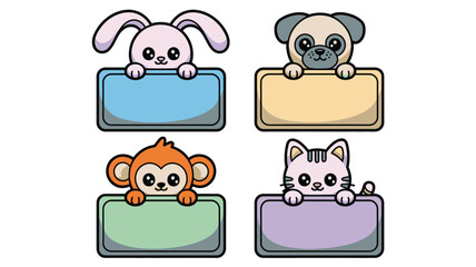 Cute Cartoon Animals (Rabbit, Pug, Monkey, Cat) Holding Blank Colorful Message Boards for Text