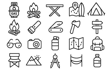 Essential equipment for outdoor adventure, camping, hiking, and survival activities represented by simple outline symbols