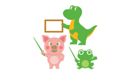 Cute Cartoon Animals Dinosaur Holding Frame, Pig and Frog with Pointer Sticks Illustration