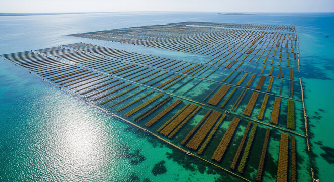 Expansive Aquaculture Farm with Rows of Seaweed Cultivation Beds in Crystal Clear Turquoise Waters