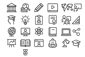 Minimalist outline symbols for education, university, online learning, and knowledge