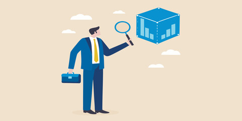 Business analysis concept man examining data cube with a magnifying glass