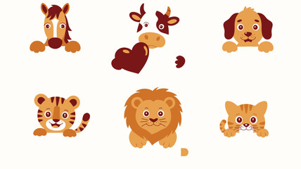 Cute Cartoon Animals Horse, Cow, Dog, Tiger, Lion, and Cat Poking Over Edge