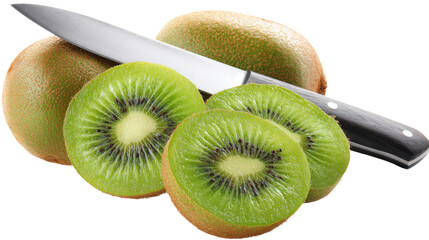 Slicing kiwis for a fruit salad isolated on a white background