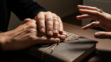 Two hands resting on a closed book, symbolizing support and connection. The scene conveys themes of anxiety, loneliness, and academic pressure.
