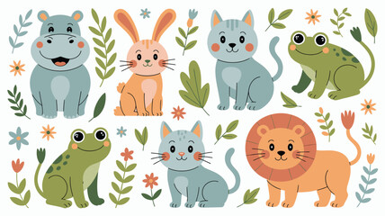 Cute Cartoon Animals Illustration Hippo, Rabbit, Cats, Lion, Frogs and Floral Elements