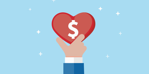 A hand offering a red heart with a dollar sign symbol inside