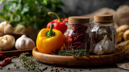 A rustic still life featuring jars of preserved yellow and red peppers, flanked by fresh garlic and a red bell pepper, arranged on a dark wooden platter.
