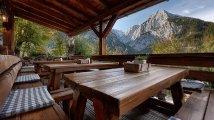 Obraz premium Table and chairs on the terrace with mountain view.