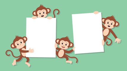 Four Cartoon Monkeys Holding Up Two Blank White Signs on a Light Green Background