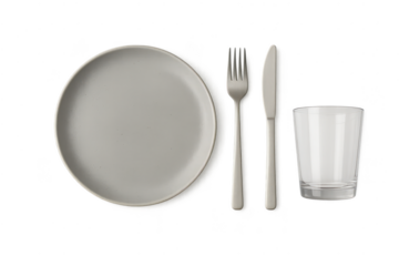 Modern minimalist dinnerware set: plate, fork, knife, glass with transparent background.
