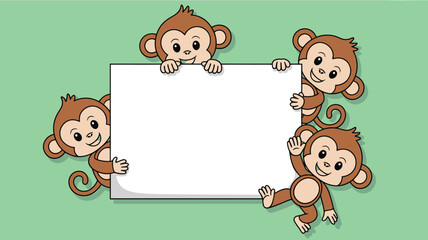 Four Cute Cartoon Monkeys Holding a Blank White Sign on a Green Background