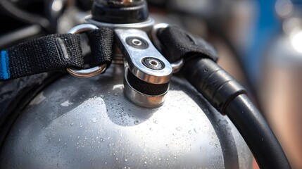 Obraz premium Close up view of a wet scuba diving cylinder with attached straps and hose showing water droplets