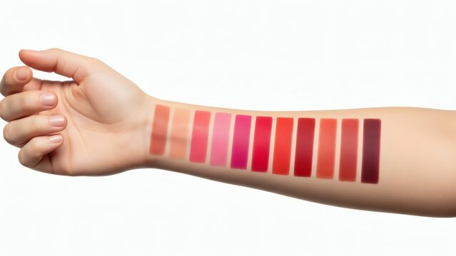 A woman's arm with a neat row of lipstick swatches in various shades of pink, red, and nude, showcasing different colors and textures for makeup and beauty concepts.