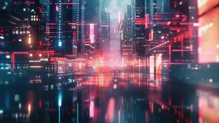 Video Cityscape at night with neon lights and futuristic architecture