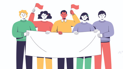 Group of Five Cartoon People Holding Blank Banner and Flags, Promoting Message Together