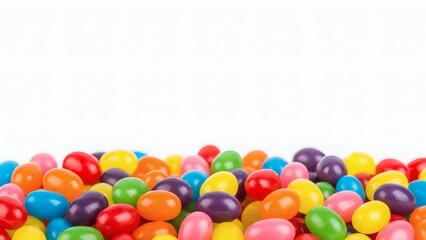 A colorful pile of assorted jelly beans sits at the bottom of the frame, creating a cheerful border against a clean white background with ample copy space above.