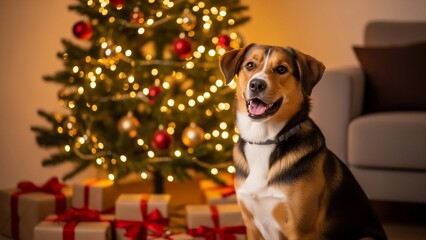 Cute Dog Sitting By A Decorated Christmas Tree Surrounded By Presents, A Perfect Holiday Companion Celebrating Christmas