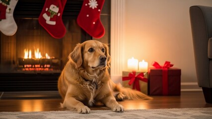 Golden retriever dog resting by a cozy fireplace on Christmas Eve with festive stockings and glowing candles, warm holiday ambiance