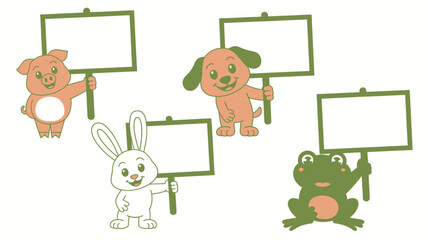 Pig, Dog, Rabbit, and Frog Cartoon Animals Holding Signs with Space for Text