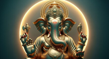 Fototapeta premium Royal Ganesha in Gold and Teal. Luxury 4K Devotional Art.