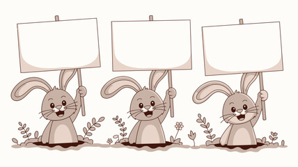Three Cartoon Easter Bunnies Holding Blank Signs in Soil with Flowers and Leaves
