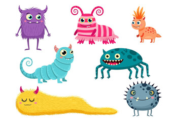 Obraz premium Set of cute colorful cartoon monsters, funny aliens and creatures with big eyes and different shapes