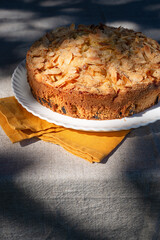 Homemade rum raisin apple cake on white ceramic plate  