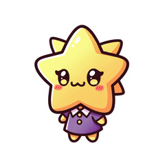 A cute yellow star character with a sweet face and blush, wearing a purple dress. Kawaii style illustration on a white background.