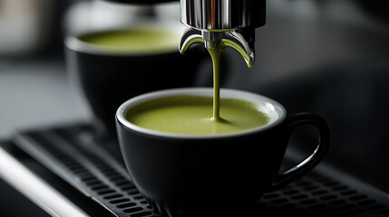 Fototapeta premium Aromatic matcha latte being brewed into a stylish black cup with a clean white rim. A second cup waits in the background, all presented on a sleek black tray.