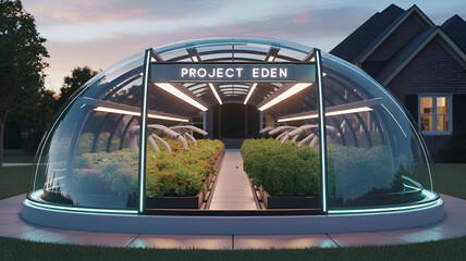 Obraz premium Futuristic greenhouse dome with transparent structure and LED lighting, smart agriculture and hydroponic farming concept, sustainable food production in urban environment, advanced eco technology, rea