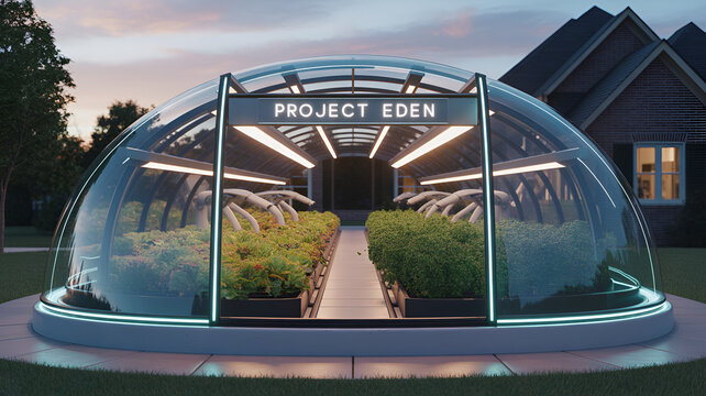 Futuristic greenhouse dome with transparent structure and LED lighting, smart agriculture and hydroponic farming concept, sustainable food production in urban environment, advanced eco technology, rea