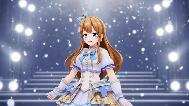 Cute Anime Idol Girl Performing on a Brightly Lit Stage.