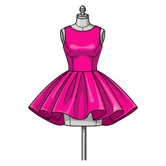 Bright pink cocktail dress on a tailors mannequin, fashion design illustration for haute couture and garment creation