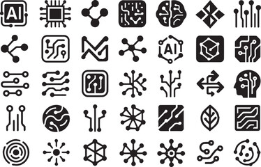 Artificial Intelligence and Technology Line Icons Set: Neural Networks, Circuit Boards, Data, and Future Tech Symbols