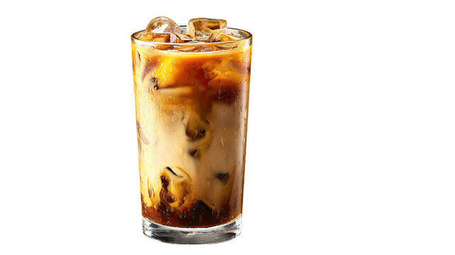 iced coffe drink with milk swirl glass filled with ice refreshing cold beverage isolated on white background