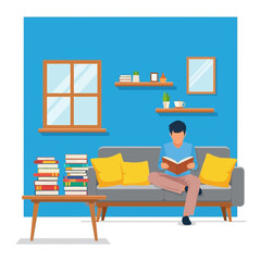 Fototapeta premium Man sitting on sofa reading book in living room with window and shelves, illustration of leisure time and relaxation at home