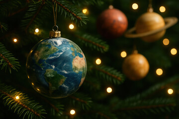 Earth ornament on holiday tree with planetary decorations at christmas
