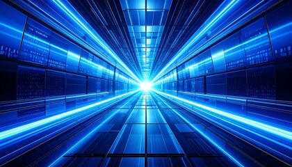 青の光線が奥行きを描くデジタルトンネル構図