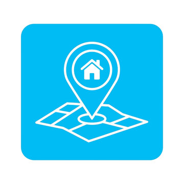 Outline icon of a map location pin with a house symbol inside, pointing to a stylized map area, set against a bright blue rounded square background
