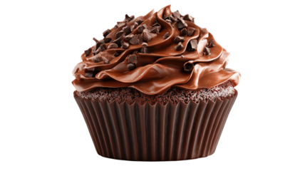 Isolated chocolate cupcake with brown frosting and white background is a delicious baked dessert snack