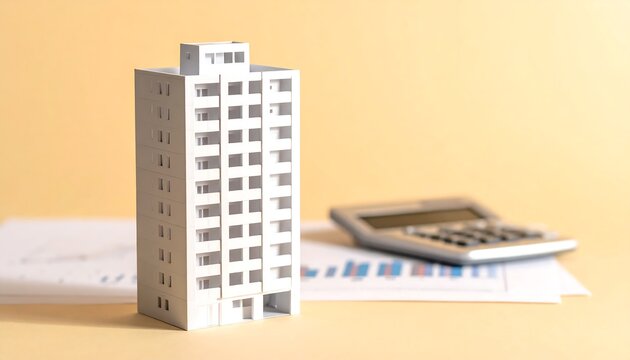電卓とタワーマンションが並ぶ明るい空間で不動産投資のビジネスを象徴する構図