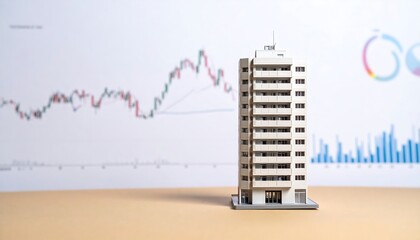 グラフと資料に囲まれたタワーマンション模型が不動産ビジネス投資を示す構図