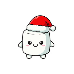 Adorable kawaii marshmallow character wearing a festive red Santa hat, isolated on a white background. Perfect for Christmas and holiday season designs.