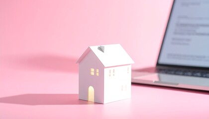 ピンク背景の一戸建て住宅模型が不動産投資の希望を表す構図