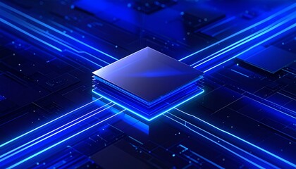 近未来の青い光に包まれた半導体チップが電子基板上で発光する構図