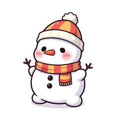An adorable, cheerful cartoon snowman wearing a striped hat and scarf, with rosy cheeks and twig arms, isolated on a white background. Perfect for winter and holiday themes.