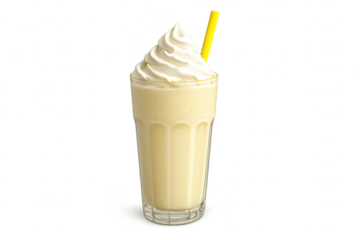 Sweet vanilla milkshake with whipped cream and yellow straw on transparent background.